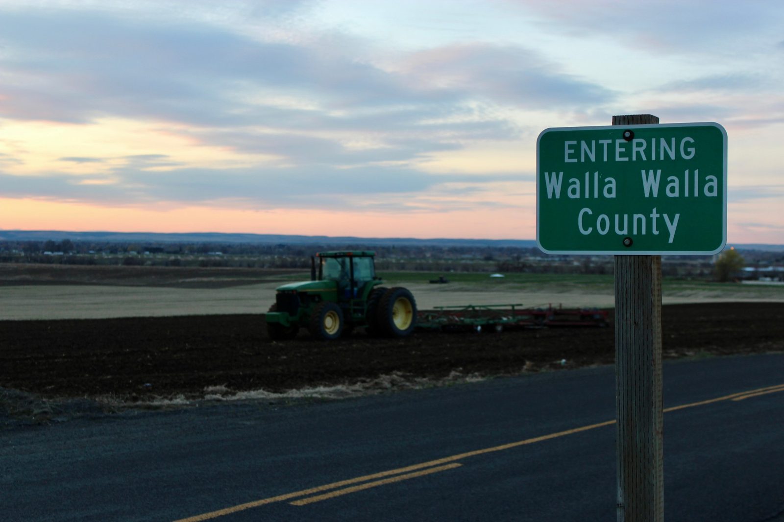 Entering Walla Walla County sign at sunset
